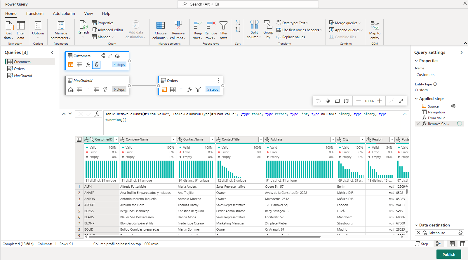 Screenshot of the overall authoring experience in dataflows.