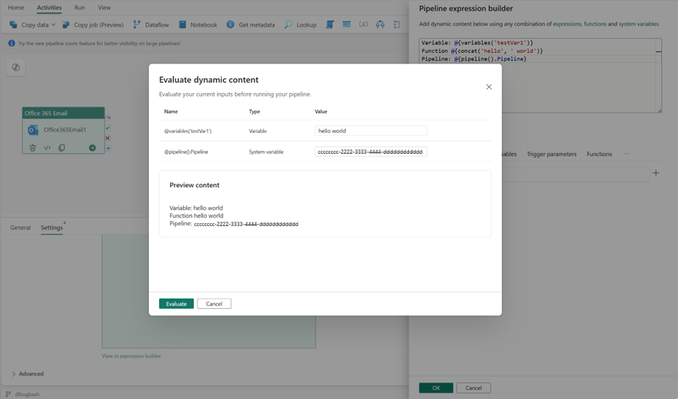 Screenshot of the Evaluate expression feature showing dynamic content evaluation.