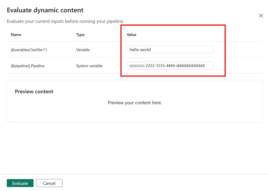 Screenshot of the evaluate dynamic content value input field.