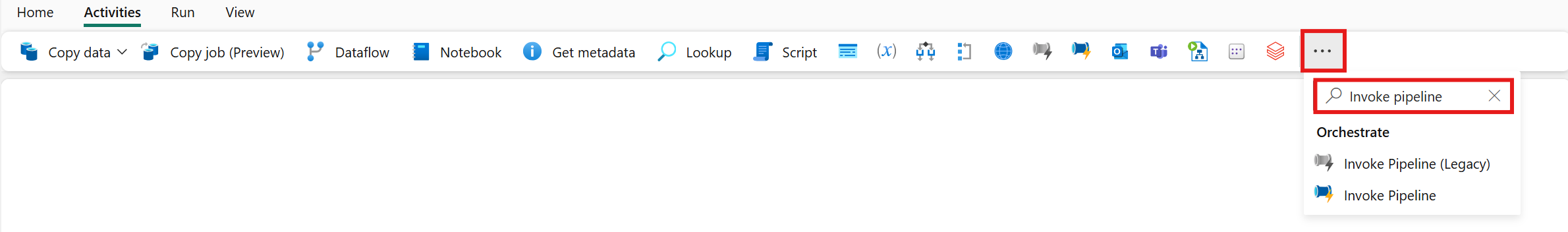 Screenshot of the Fabric UI with the Activities pane and Invoke pipeline activity highlighted.
