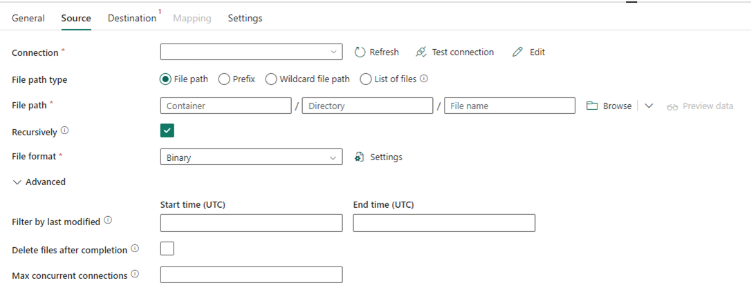 Screenshot of the Fabric Copy activity compression configuration.