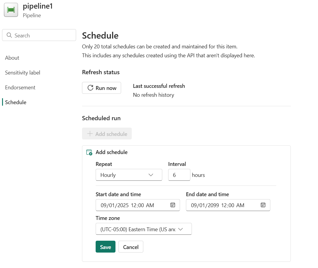Screenshot of the Schedule configuration screen.