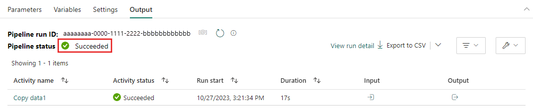 Screenshot showing where Succeeded status shows in Output tab.