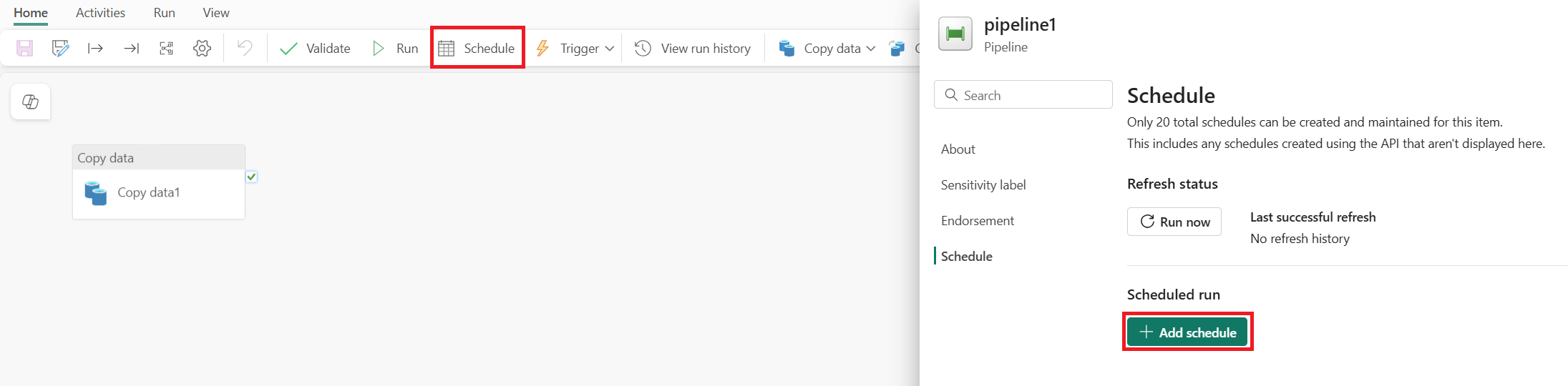 Screenshot showing where to select Schedule on the Home tab.