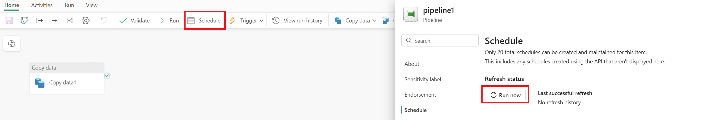 Screenshot showing where to select Schedule on the Home tab and then the Run Now button in the scheduler.