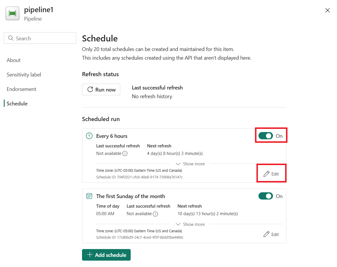 Screenshot showing where in the schedule menu you can toggle or edit a scheduled run.