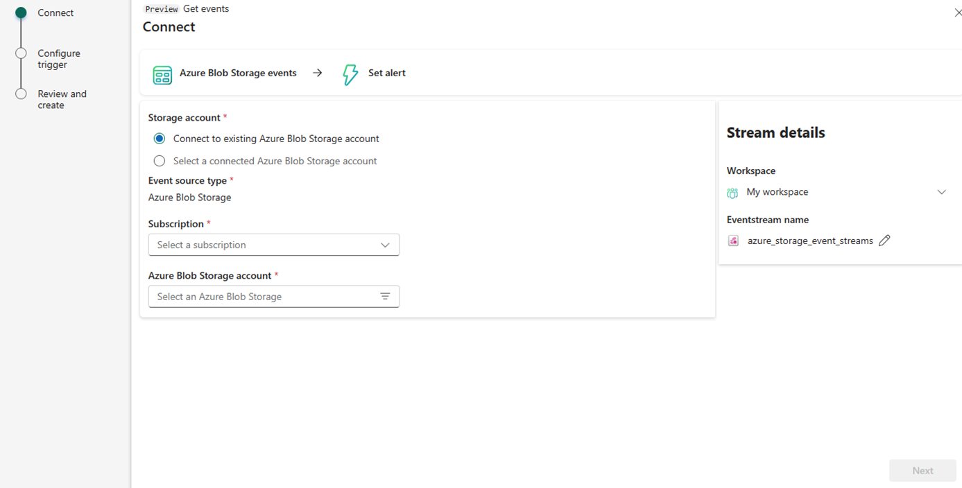 Screenshot showing where to connect to Azure Blob Storage events for a Blob Storage account.