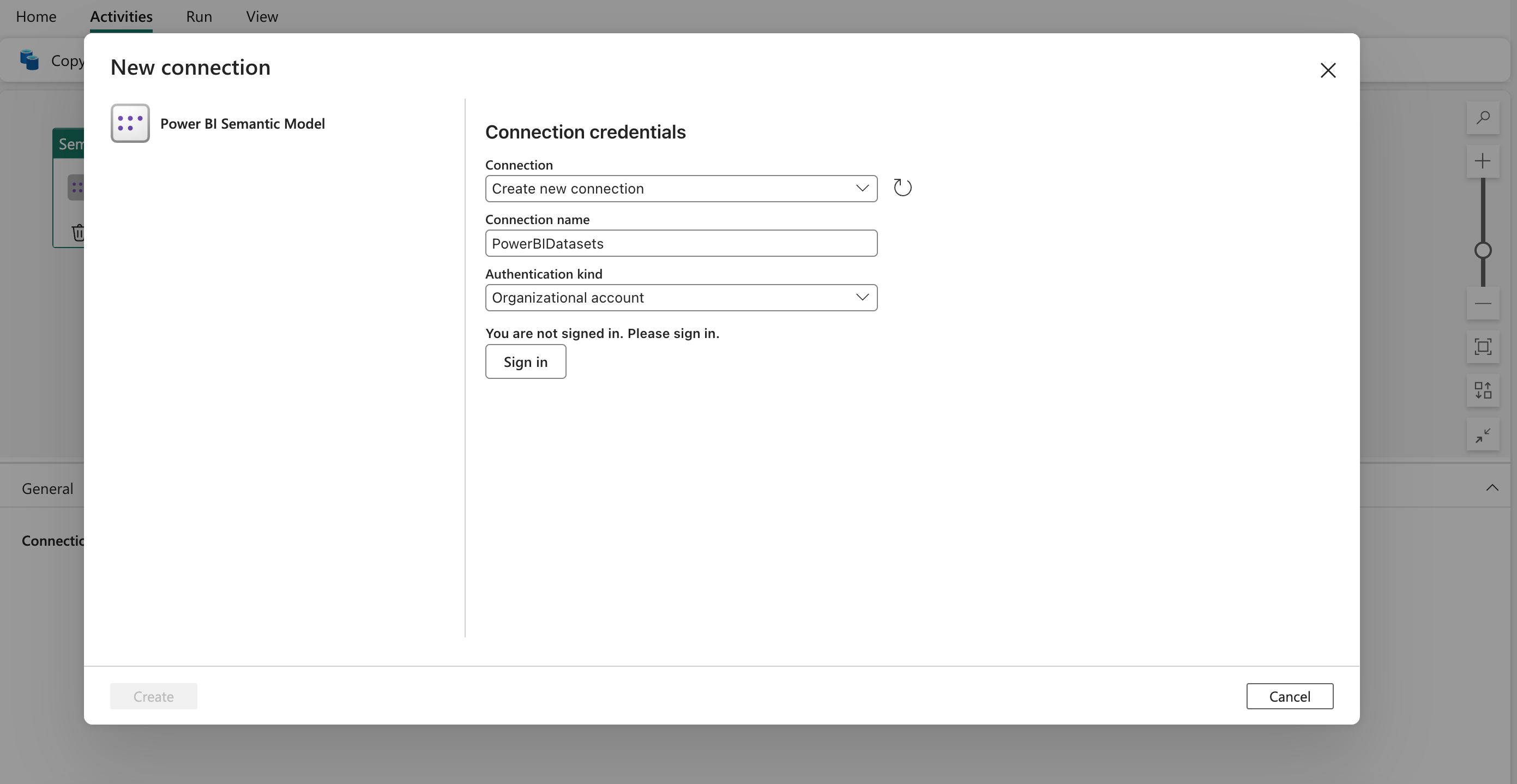 Screenshot showing the dialog to create a new connection to Power BI.
