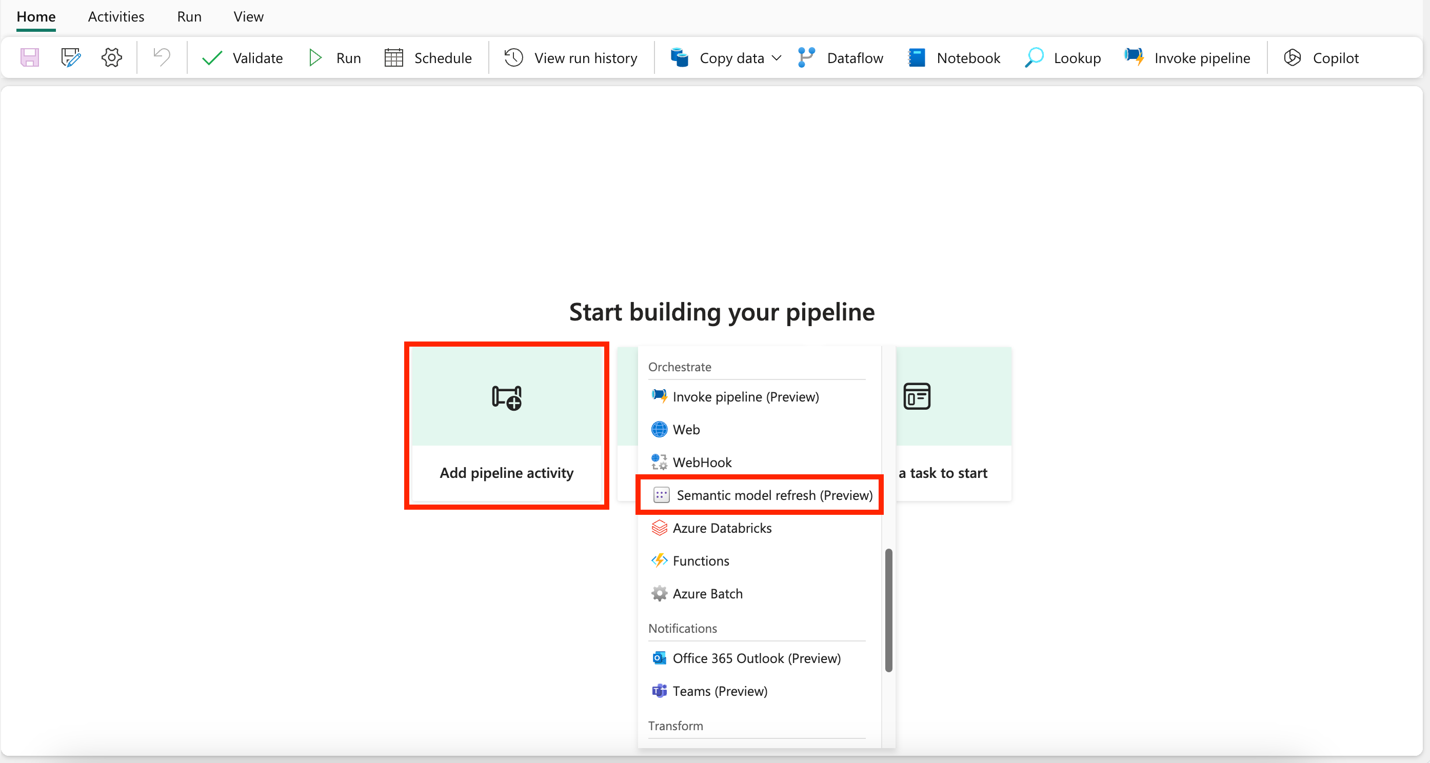 Screenshot showing how to add a new Semantic model refresh activity to a pipeline from the home screen card.