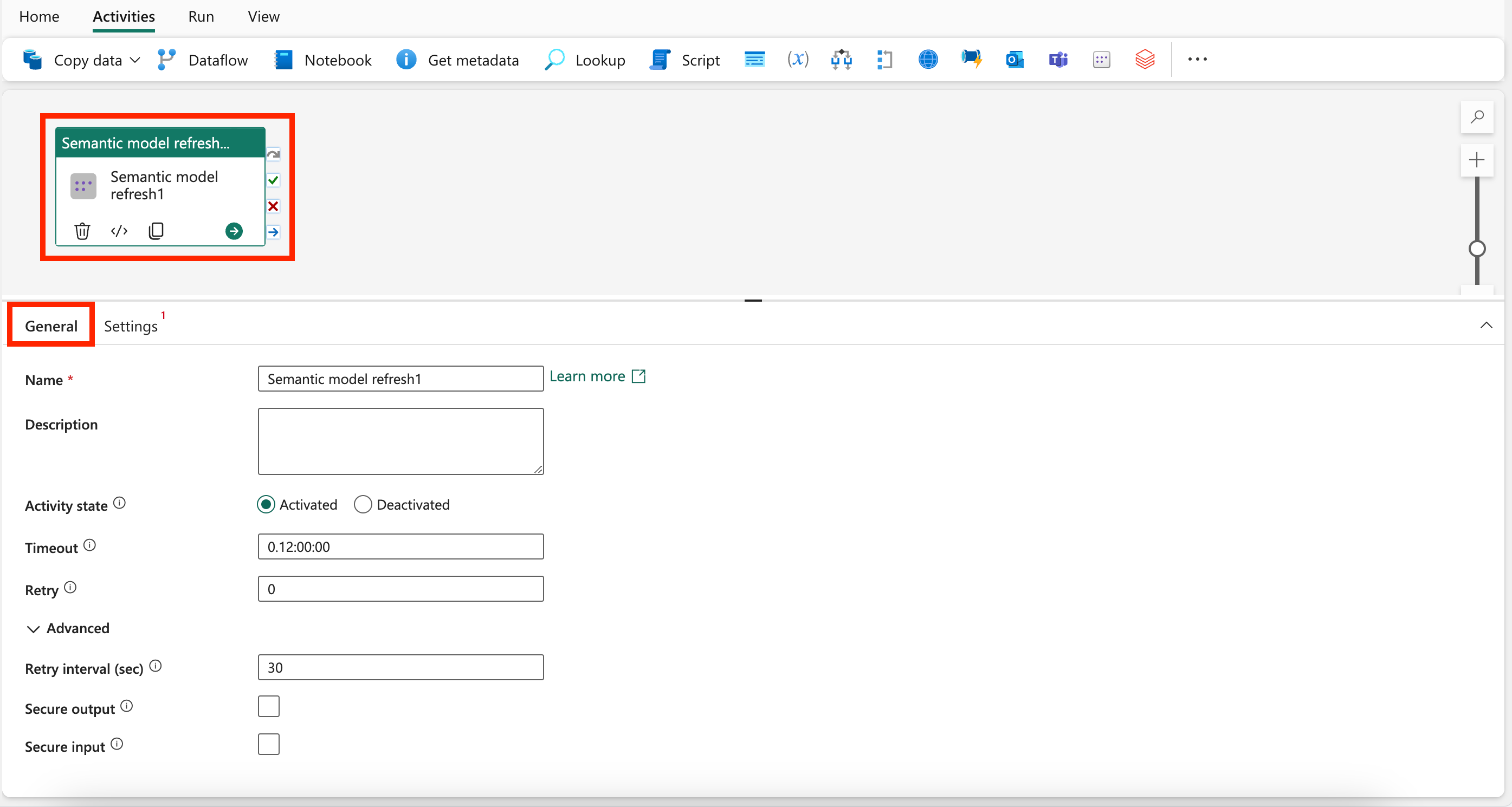 Screenshot showing the General settings for the Semantic model refresh activity.