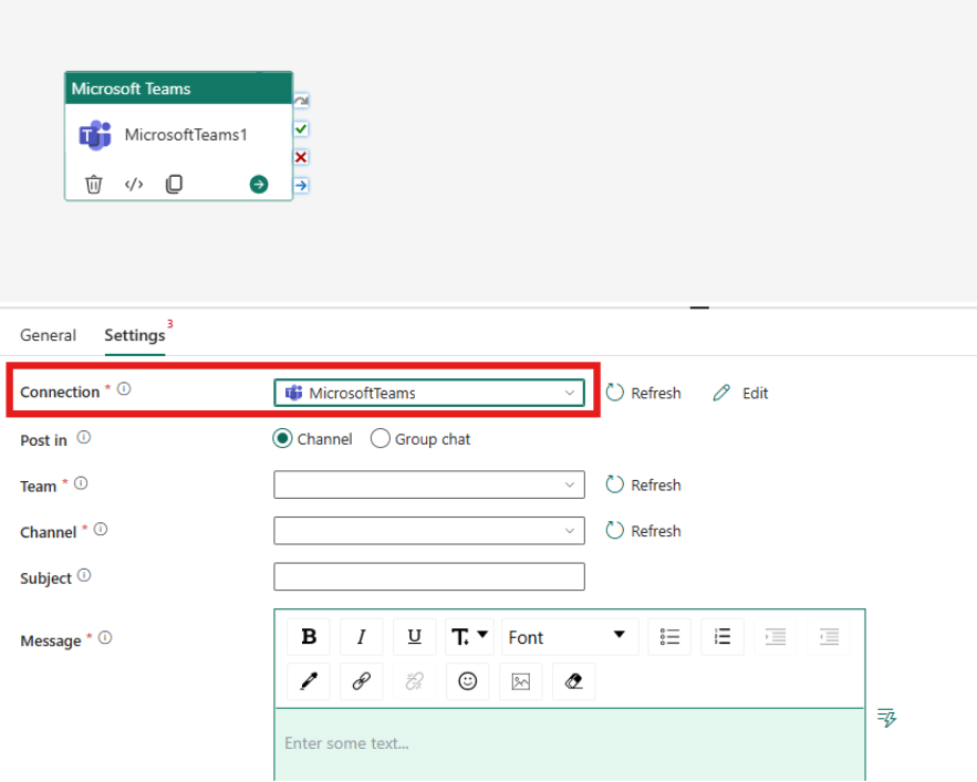 Screenshot showing the Settings tab of the Teams activity highlighting where to create a new connection or use an existing connection.