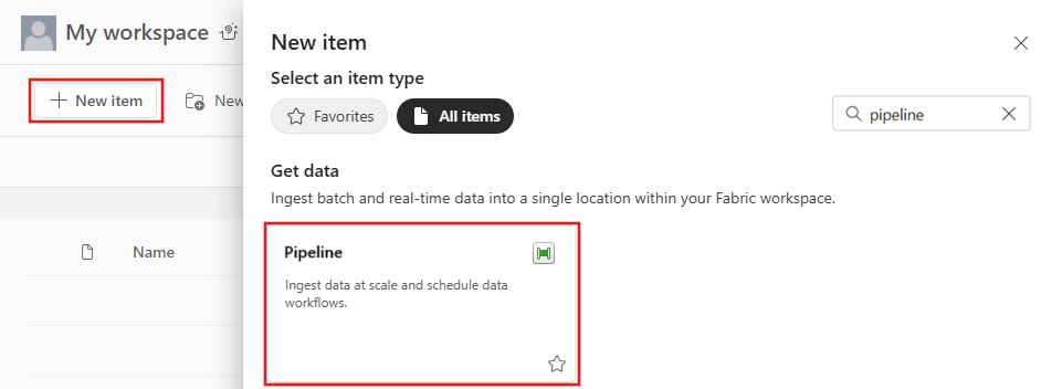 Screenshot of the Data Factory start page with the button to create a new pipeline selected.