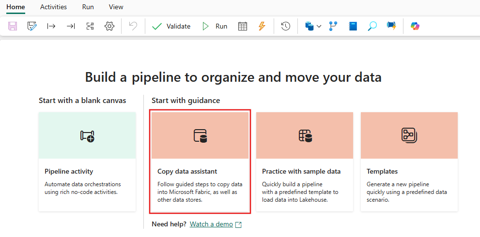 Screenshot showing the selection of the Copy data activity from the new pipeline start page.