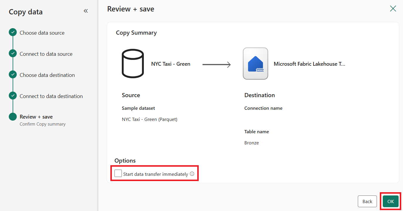 Screenshot showing the Copy data assistant on the Review + save page.