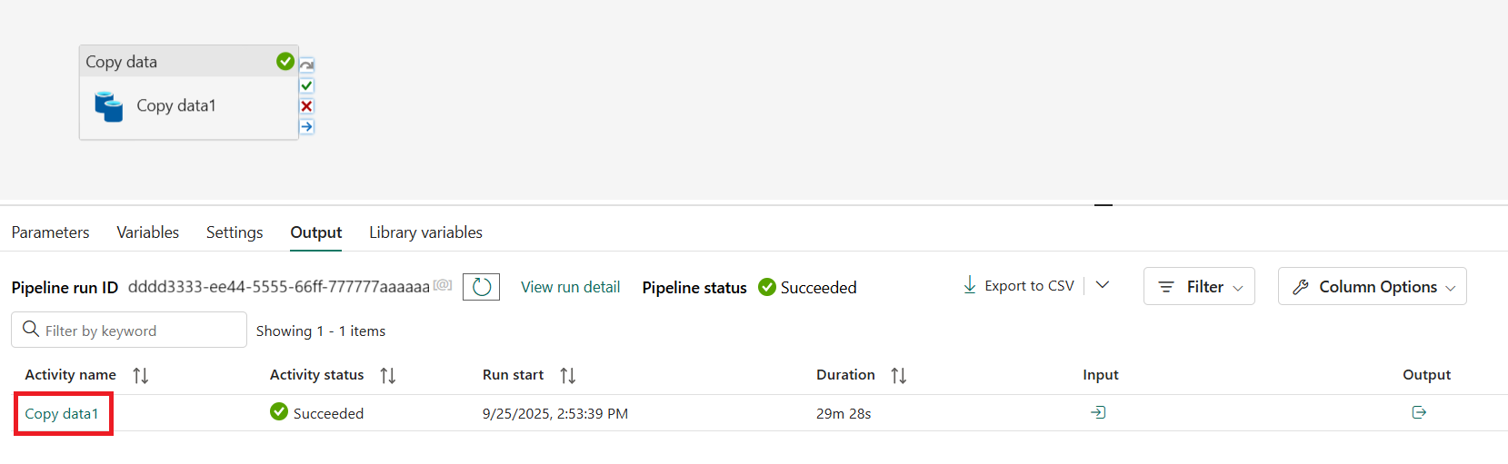 Screenshot showing the run details button in the pipeline Output tab.