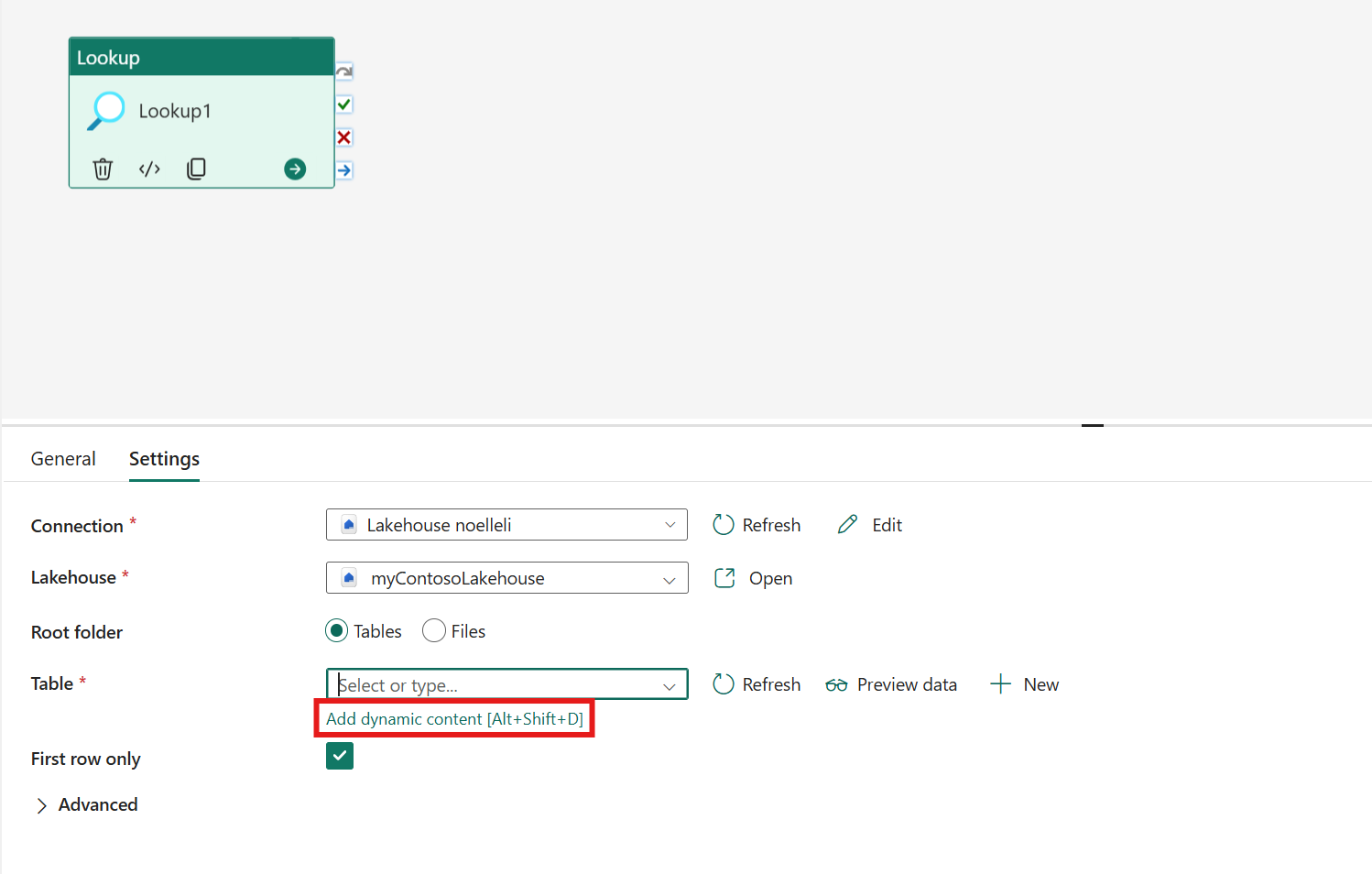 Screenshot showing Add dynamic content highlighted in the settings of a Lookup activity.