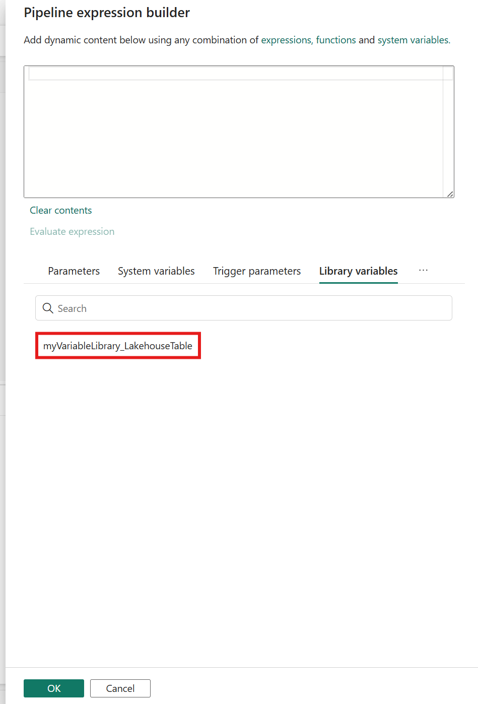 Screenshot showing a Library variable reference highlighted to be added to the expression builder.