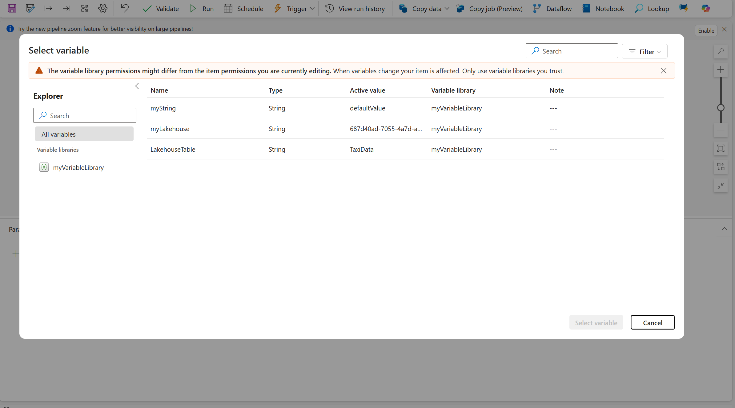 Screenshot showing the +New button in the Library variable tab highlighted.