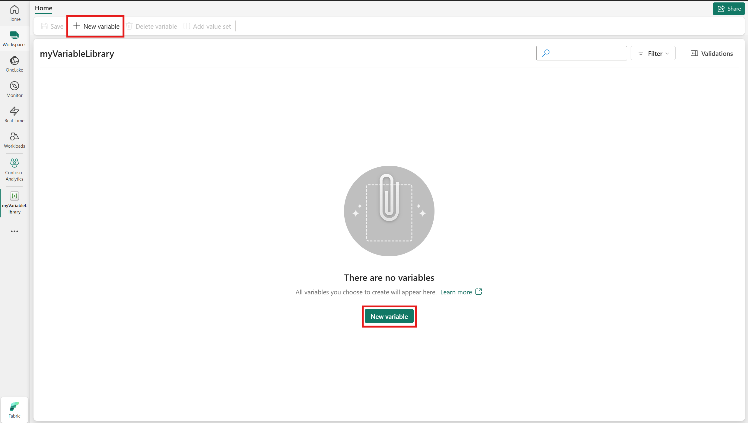 Screenshot showing the start page for a new Variable library item.