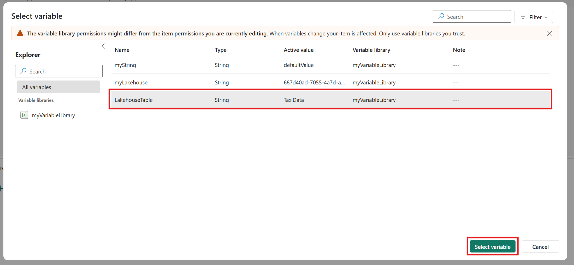 Screenshot showing a Library variable selected in the variable picker.