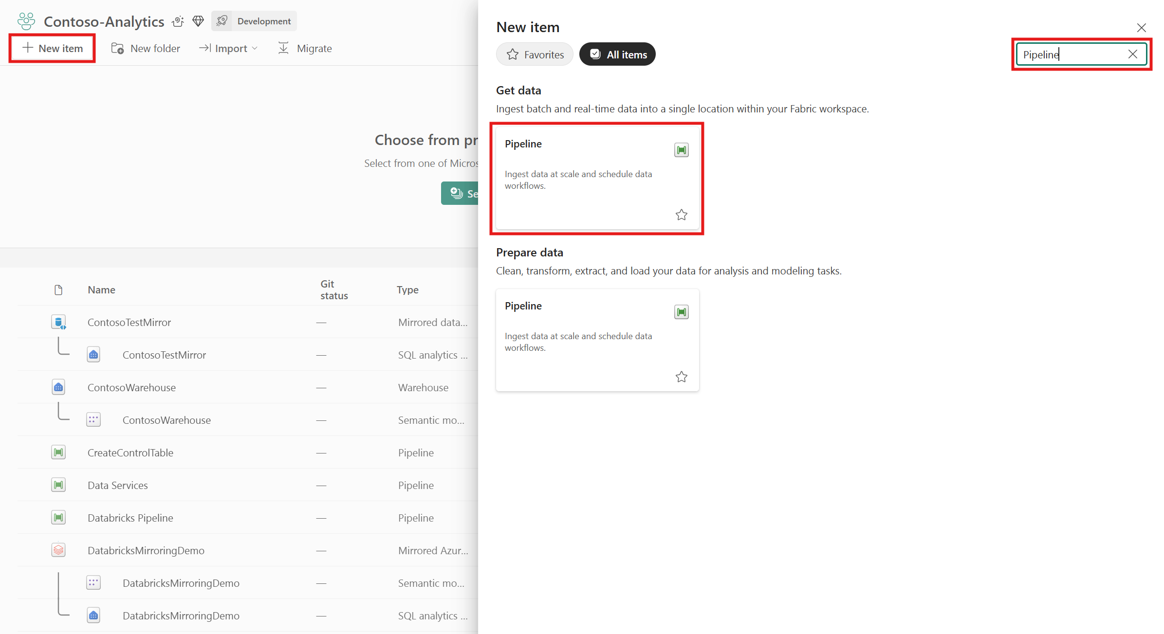 Screenshot highlighting the create new item button in the top left corner and the pipeline item highlighted.