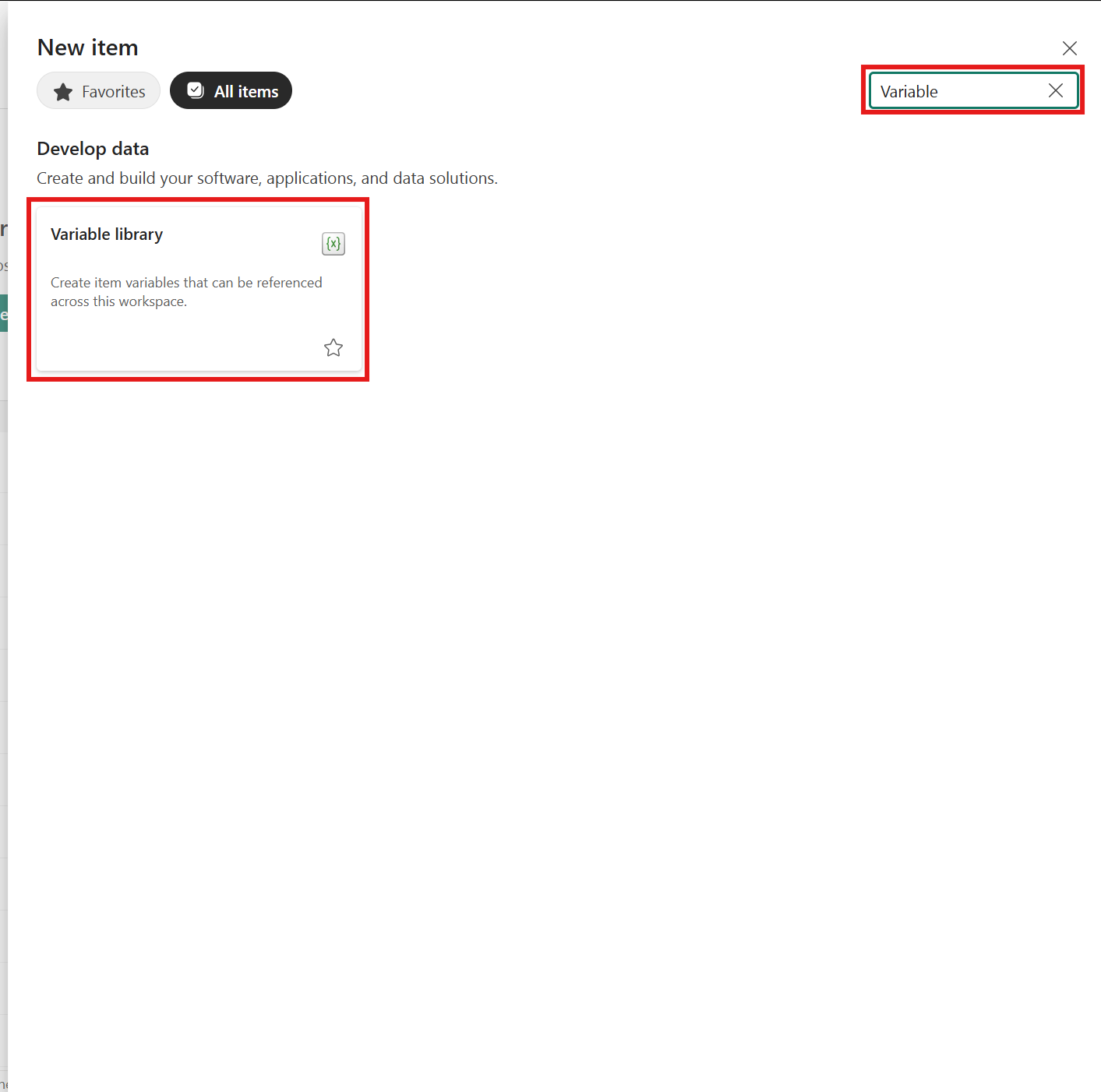 Screenshot showing the filter for a new Variable library item.