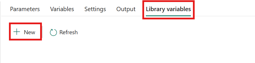 Screenshot highlighting the Library variables tab and the +New button in the bottom panel of the pipeline canvas.
