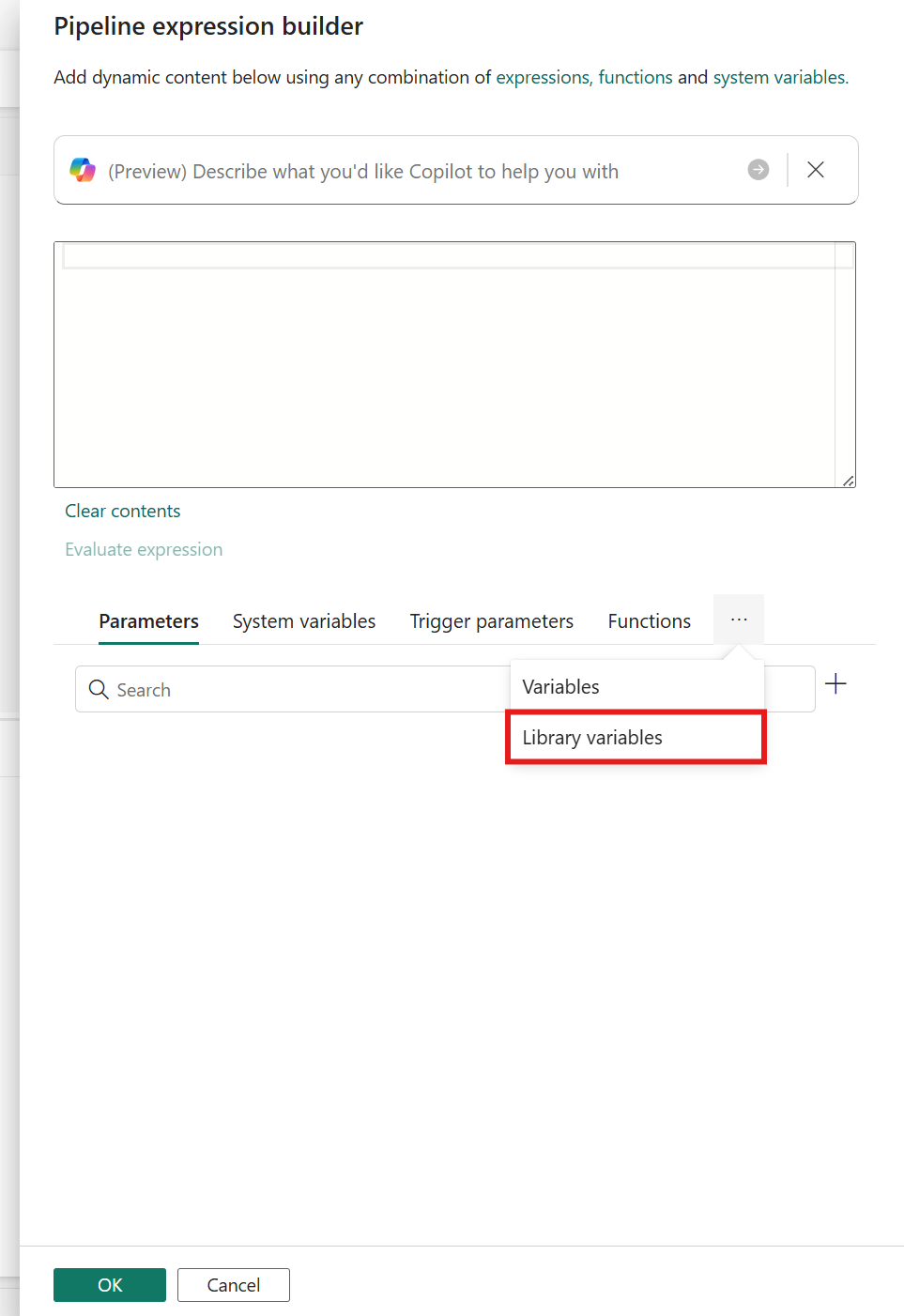 Screenshot showing the 3 dots next to Functions in the expression builder and the Library variables tab highlighted.