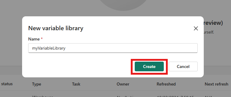 Screenshot showing a new Variable library item with a name set and the Create button highlighted.