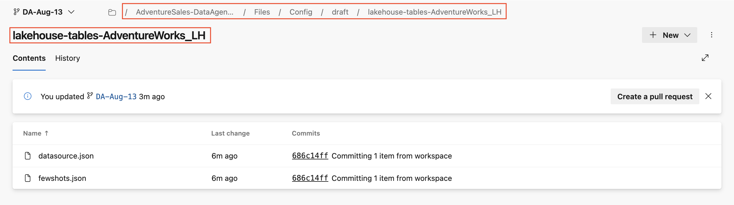 Screenshot showing the lakehouse data source folder.