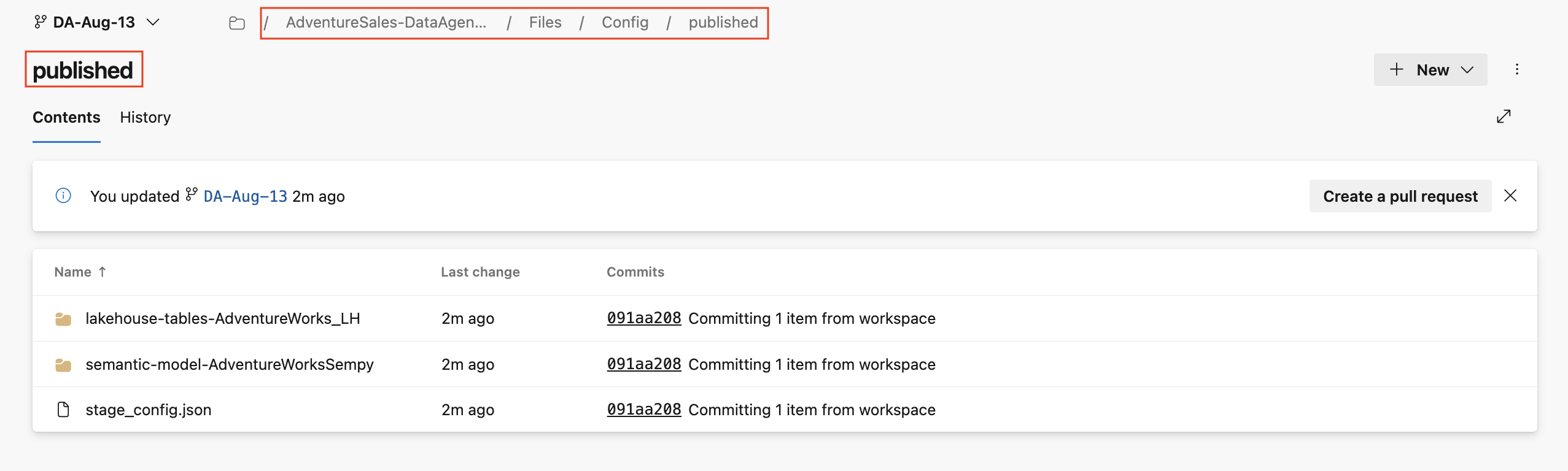 Screenshot showing the published folder.