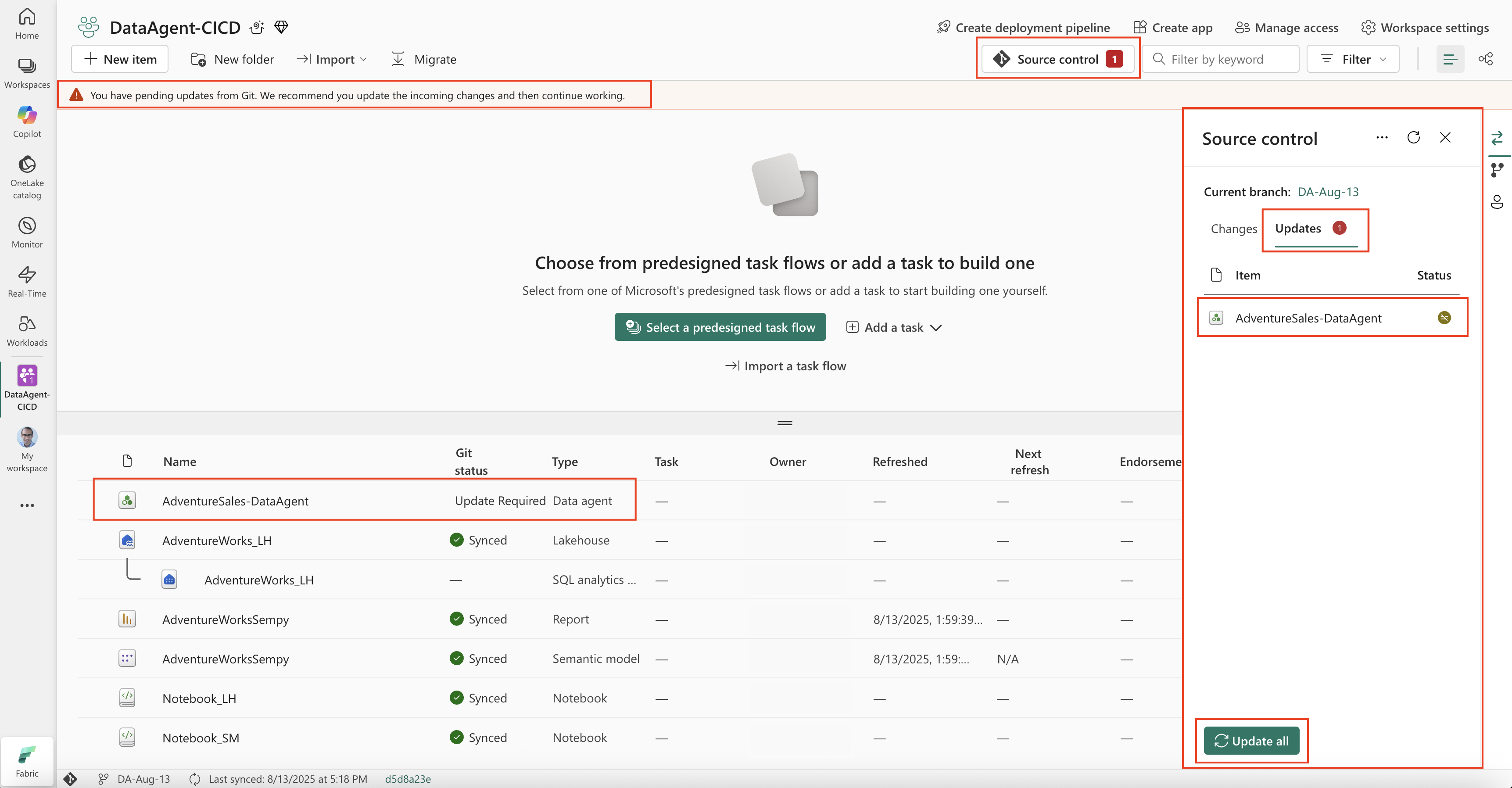 Screenshot showing the updates from Git in the source control.