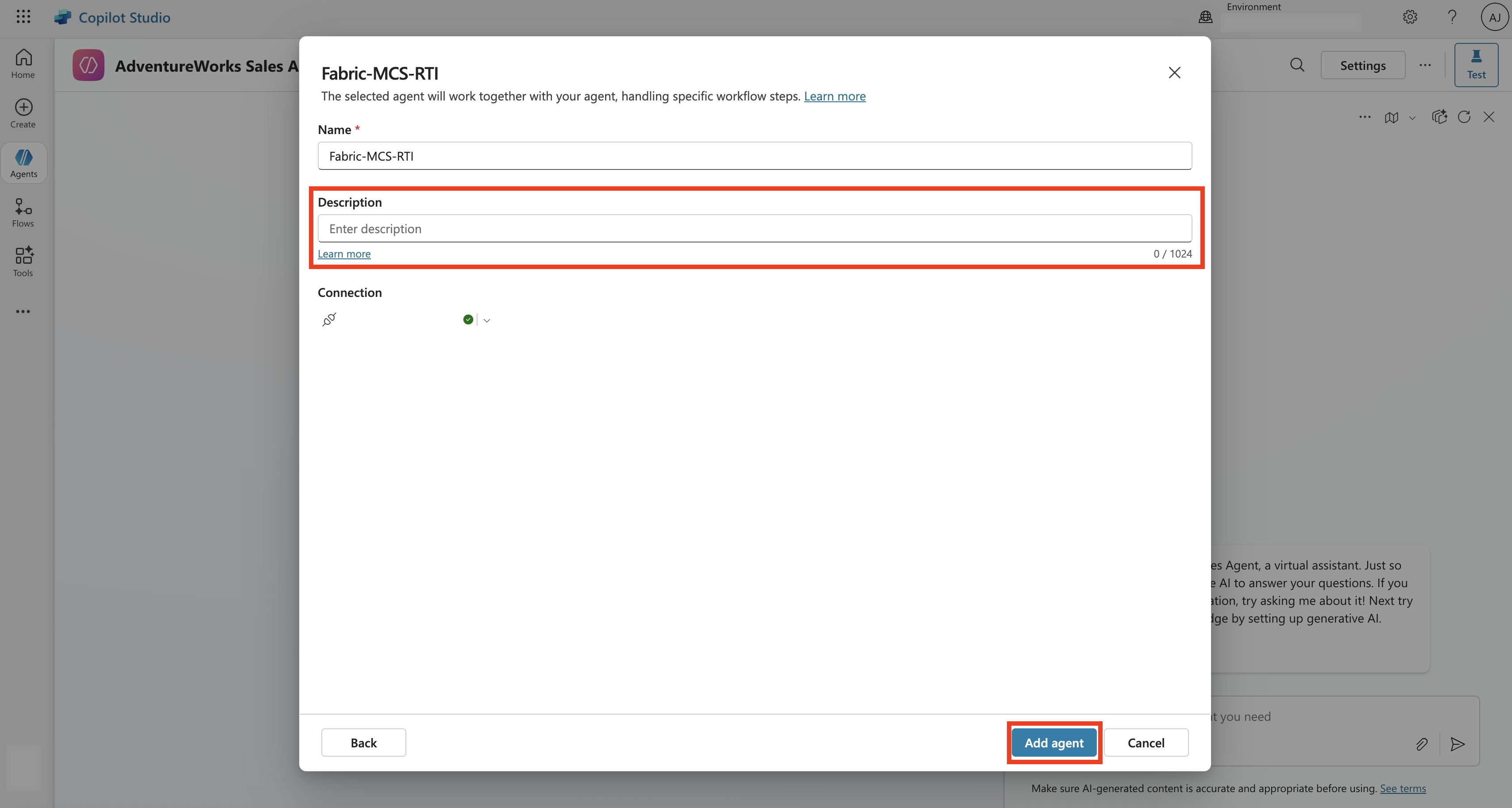 Screenshot showing the last step to add data agent to Copilot Studio.