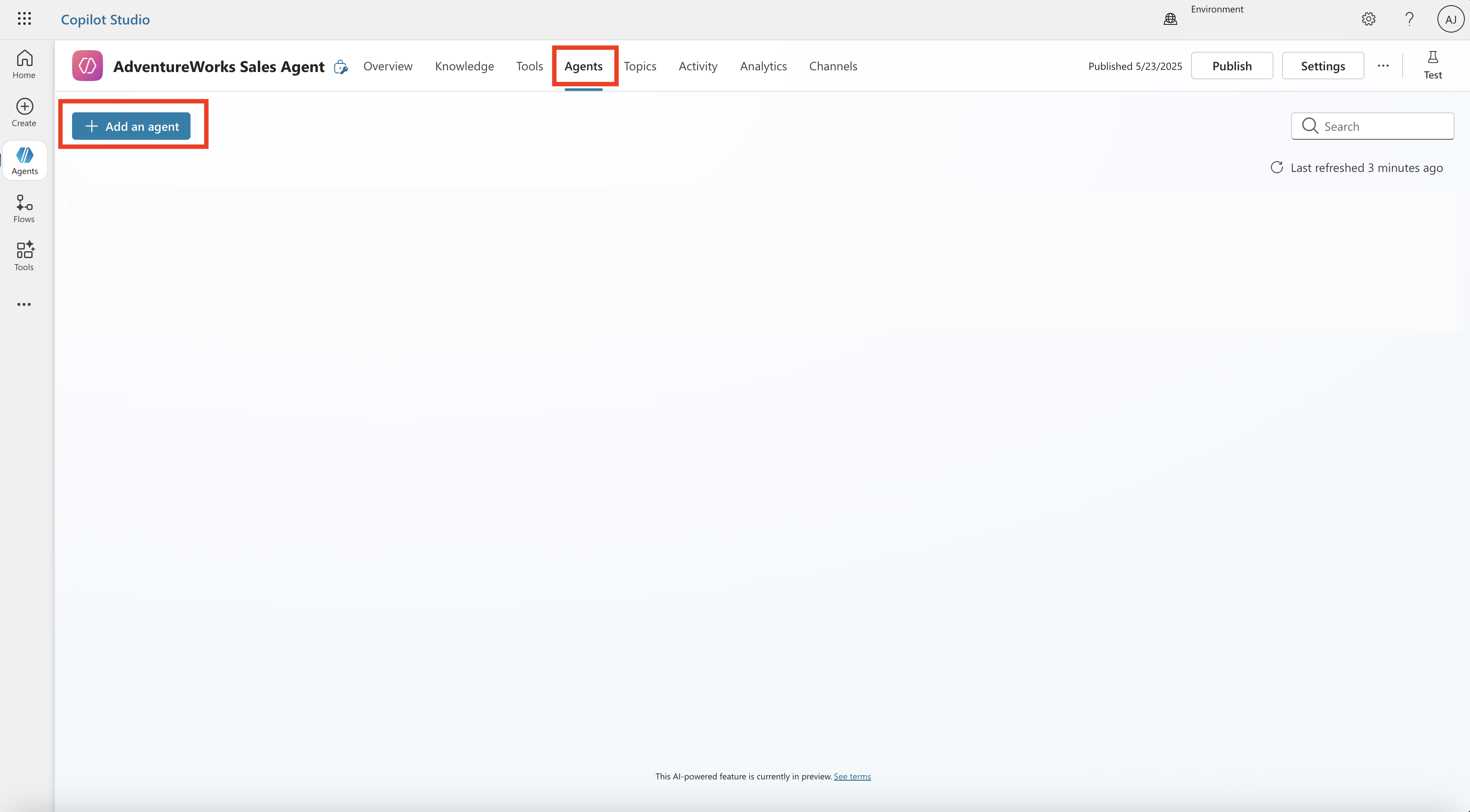Screenshot showing the first step to add agents to Copilot Studio.