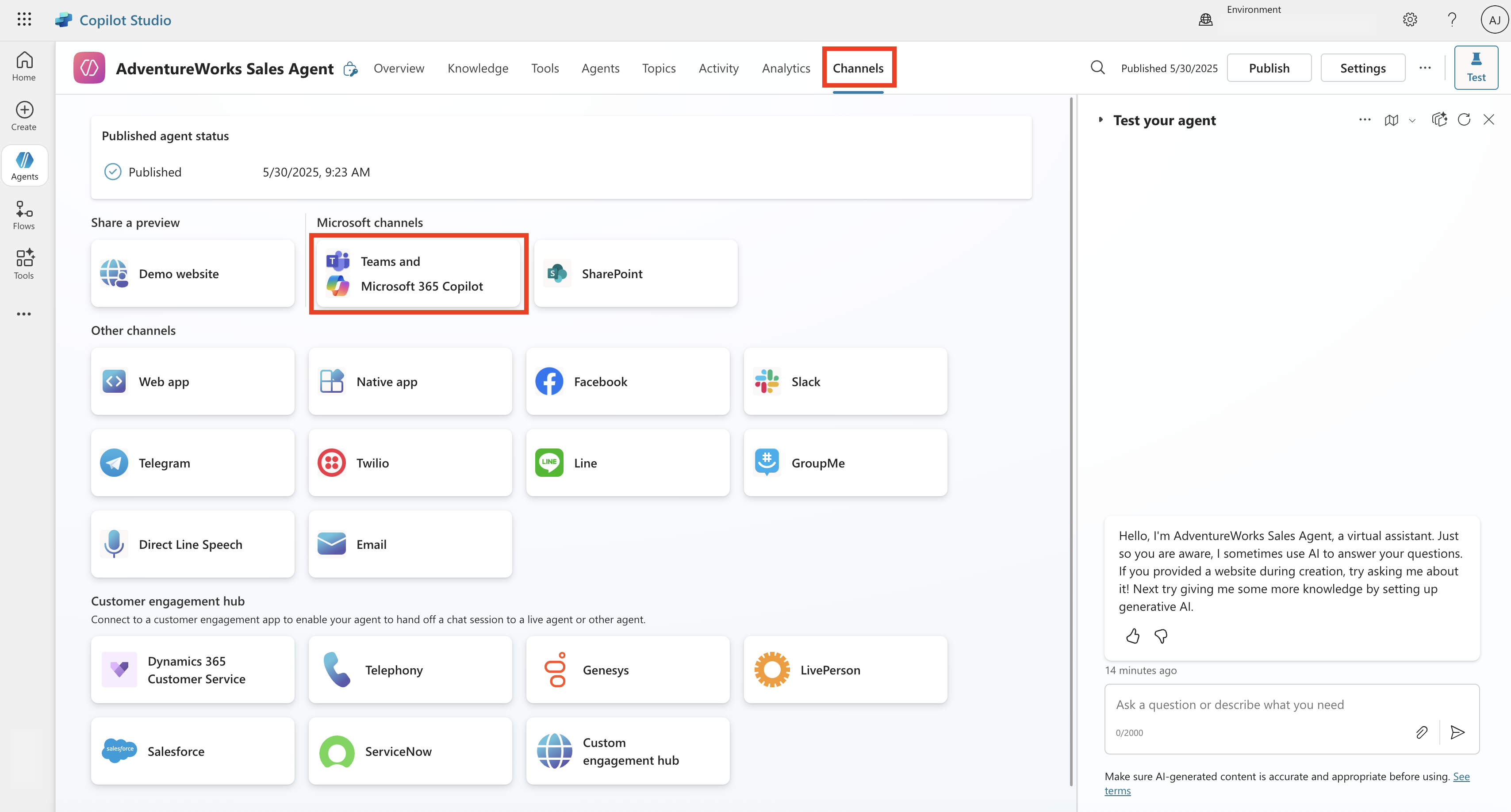 Screenshot showing the list of channels to which you can publish from Copilot Studio.