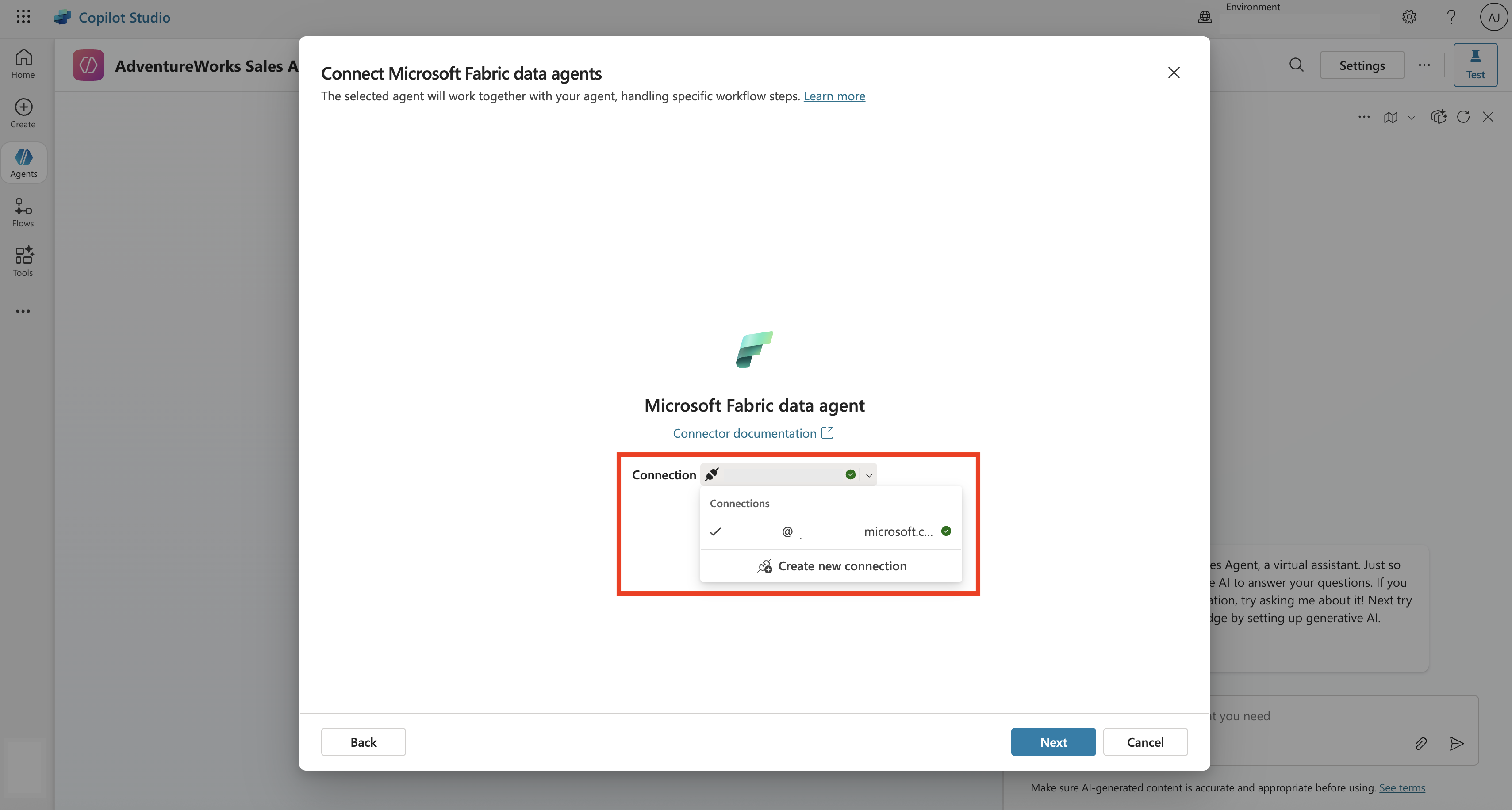 Screenshot showing to add the Fabric connector to Copilot Studio.