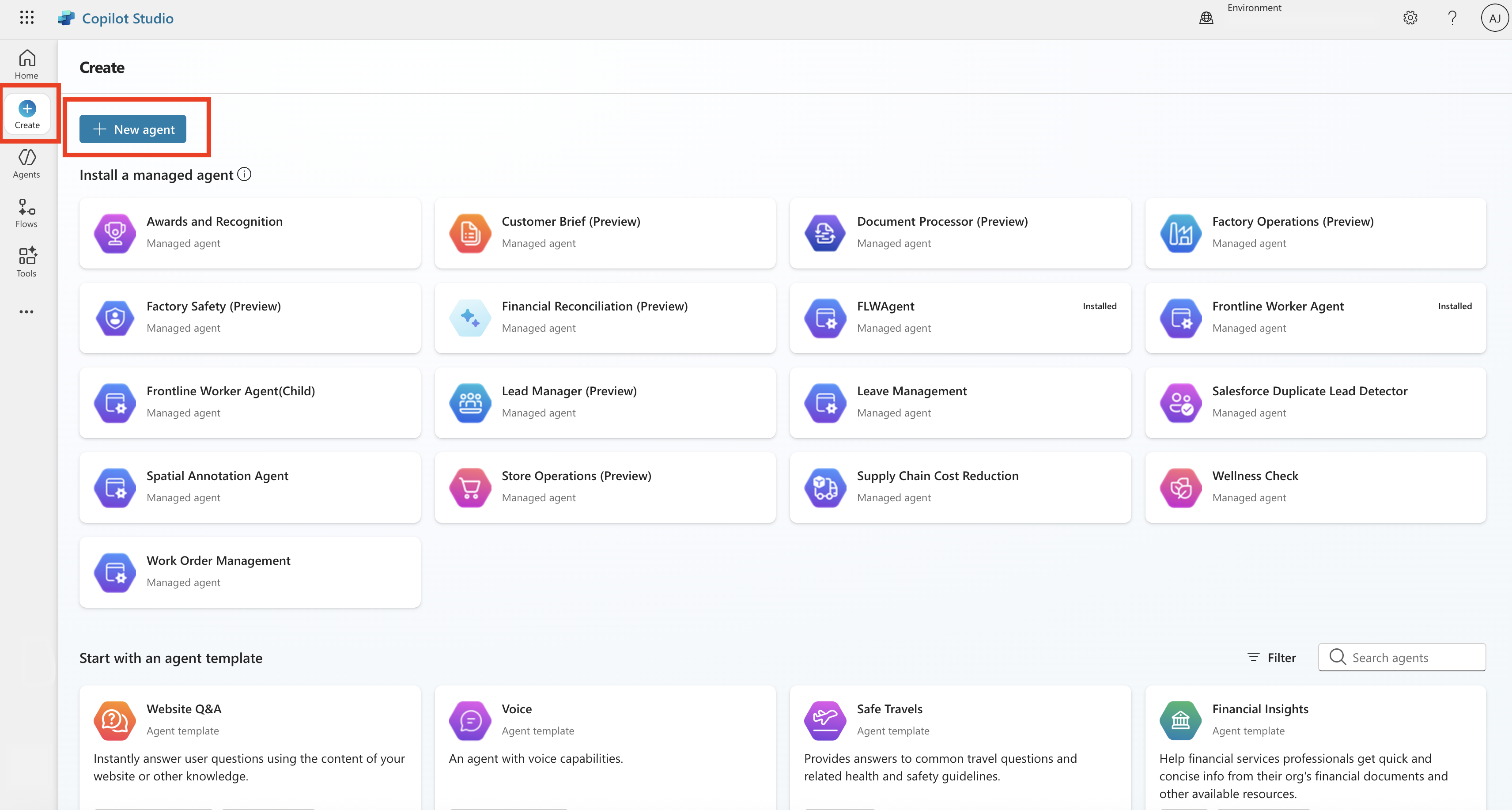 Screenshot showing the main page to create agent in Copilot Studio.