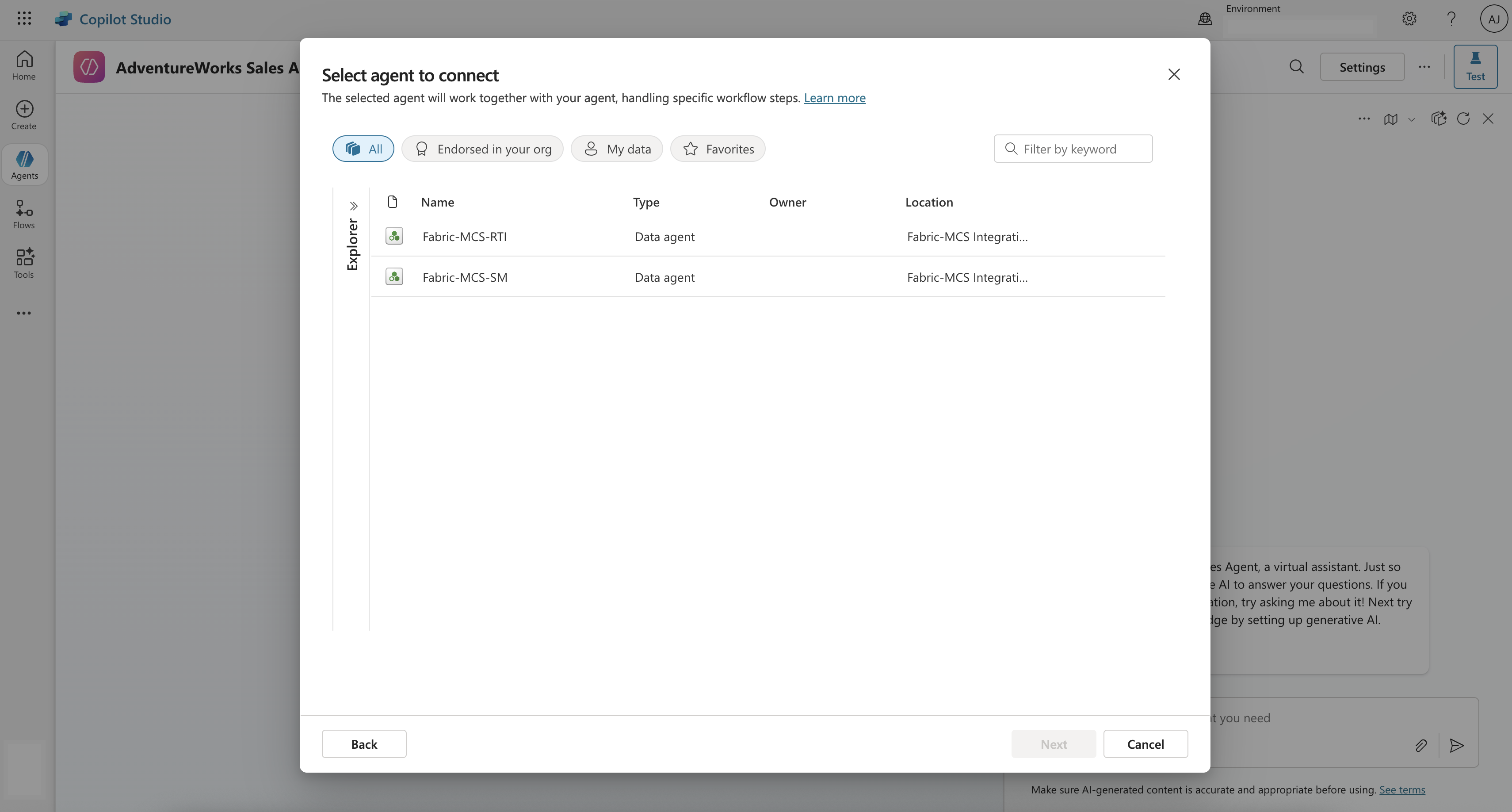 Screenshot showing the list of Fabric data agents.