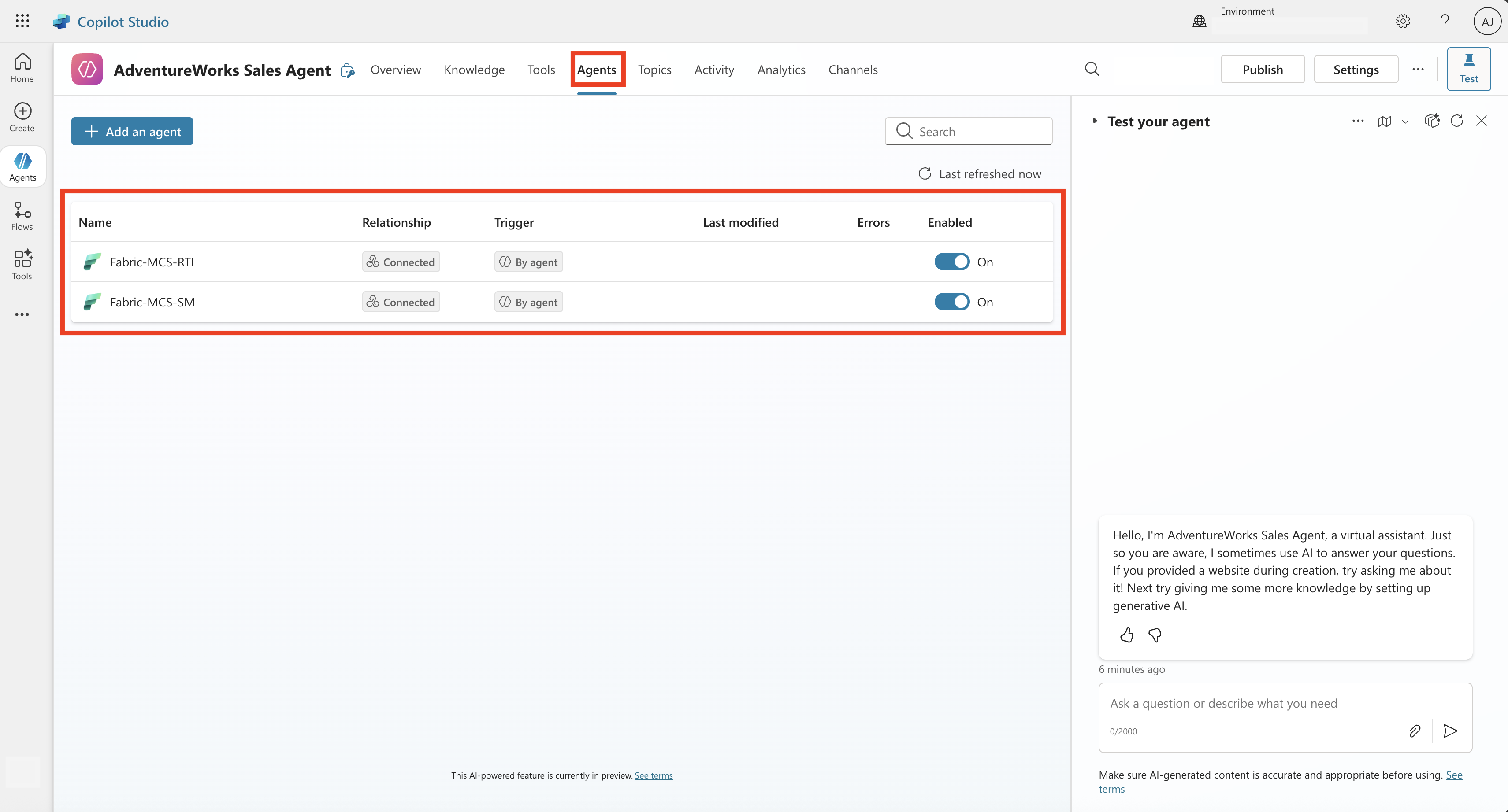 Screenshot showing the list of Fabric data agents added to Copilot Studio.