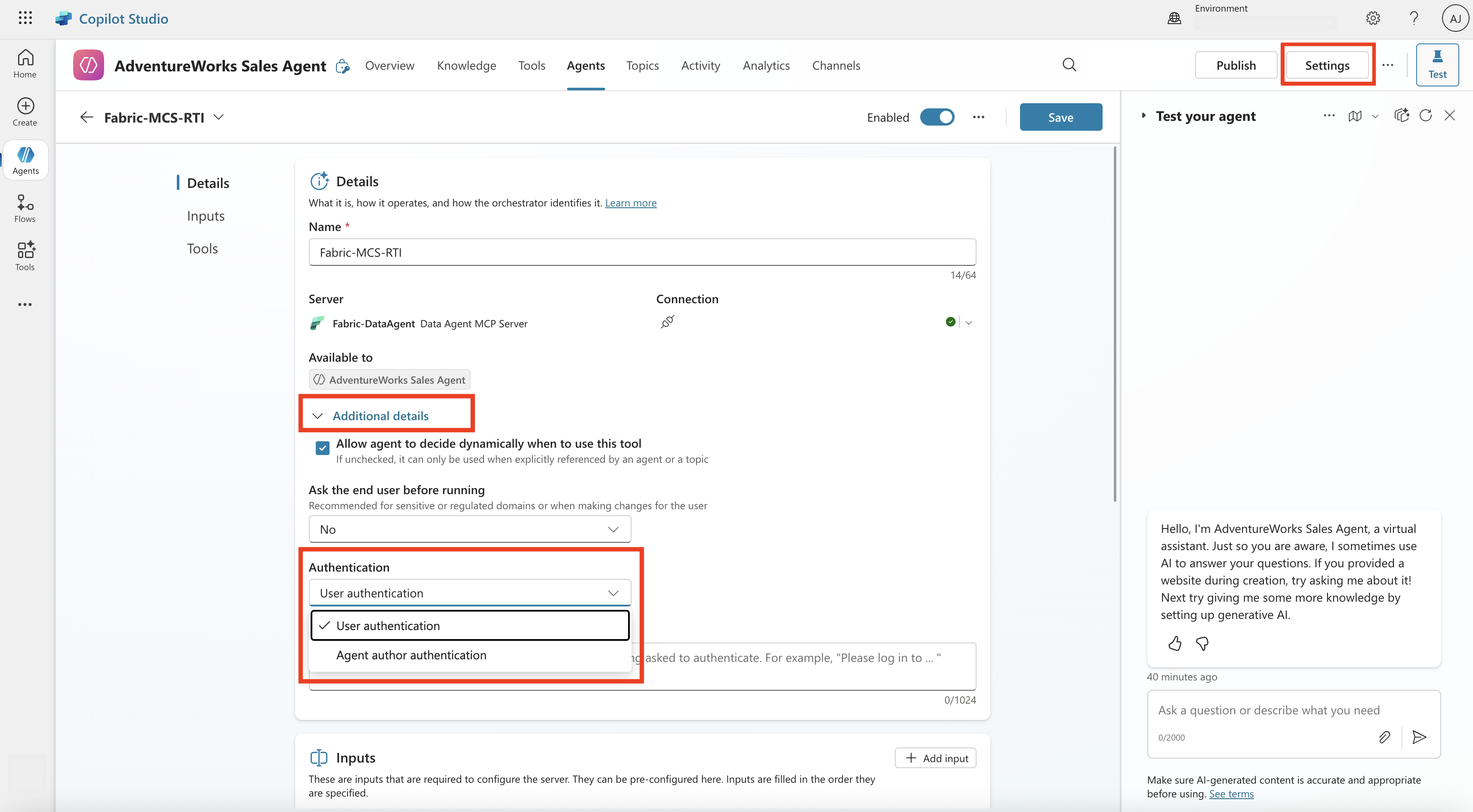 Screenshot showing the authentication for Fabric data agent in MCS.