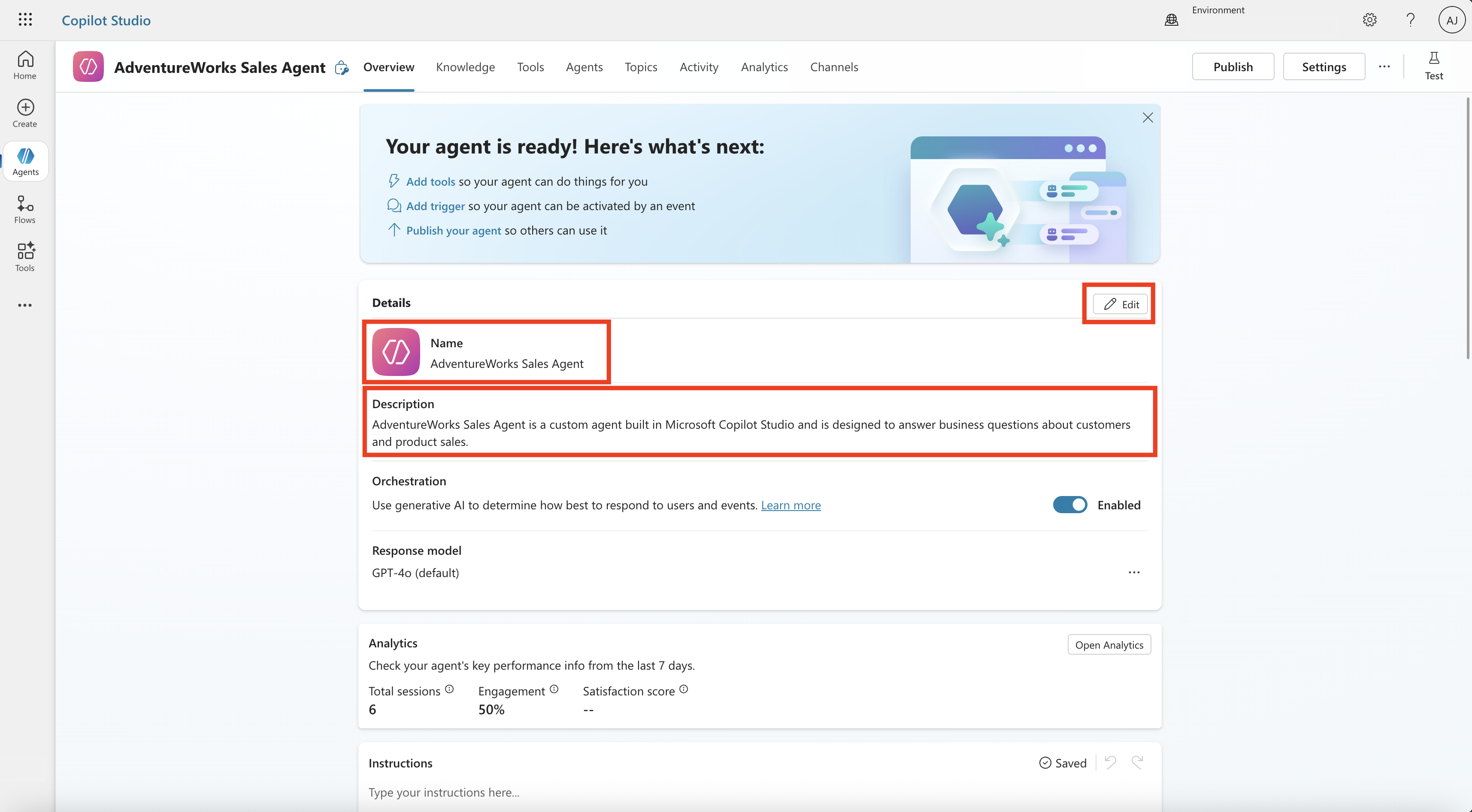 Screenshot showing to set up name and description for custom AI agent.