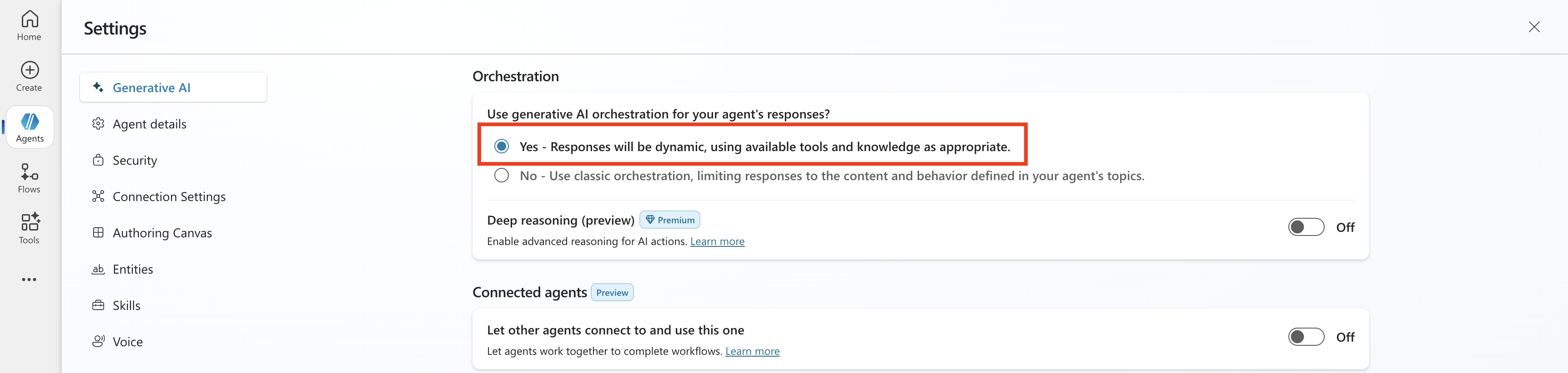 Screenshot showing the agent setting in MCS.