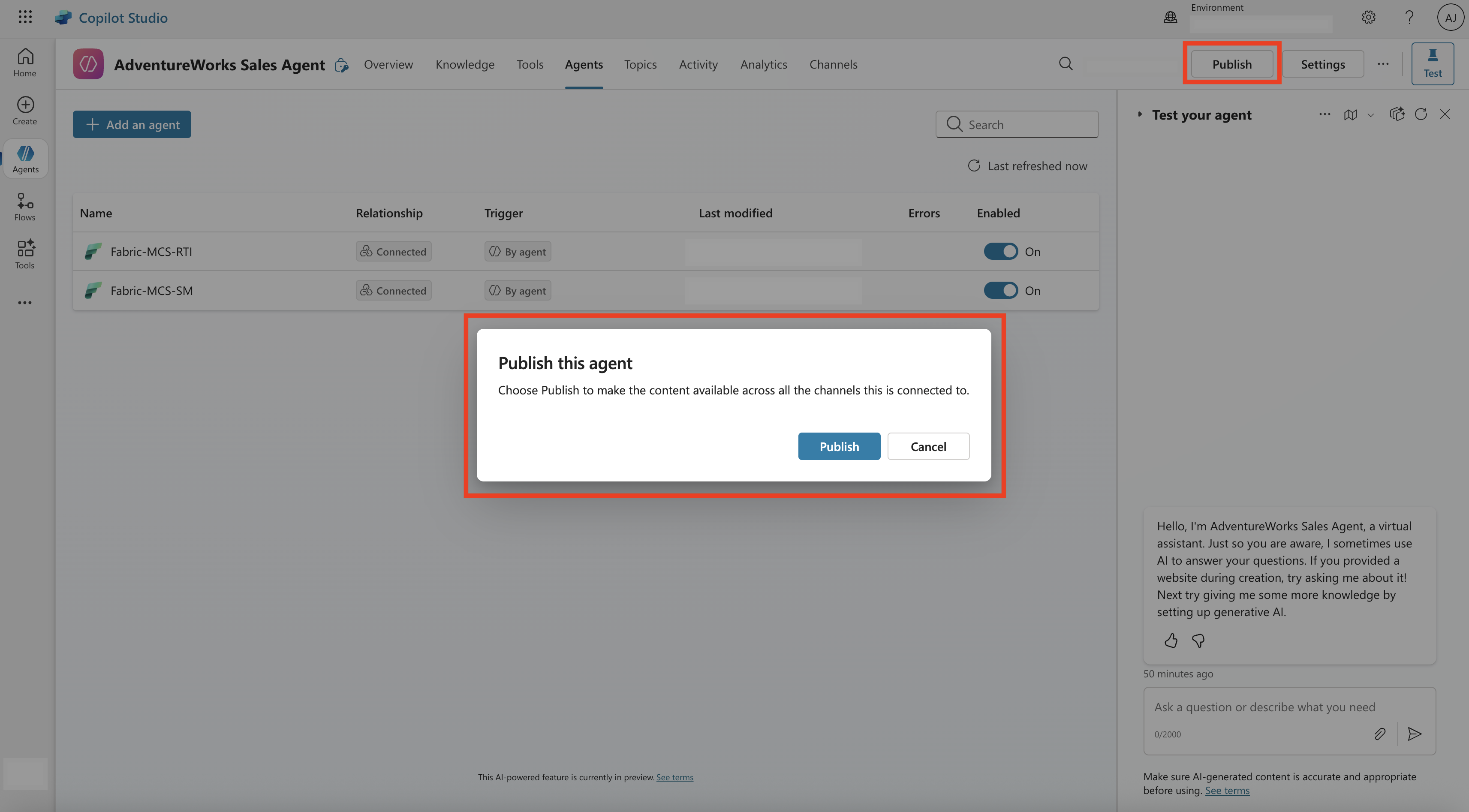 Screenshot showing to publish custom agent in MCS.