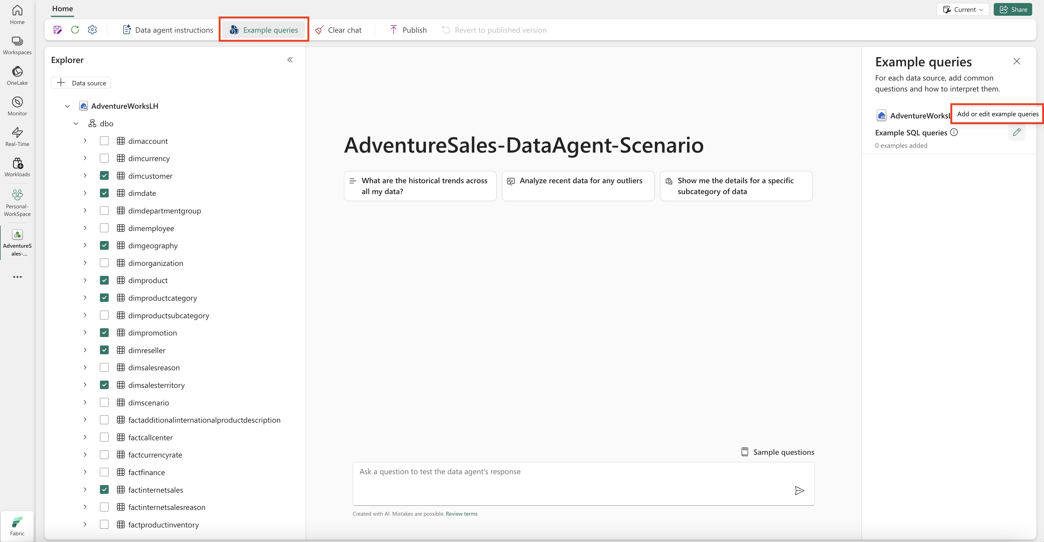 Screenshot showing where you can add the examples you provide to the AI.