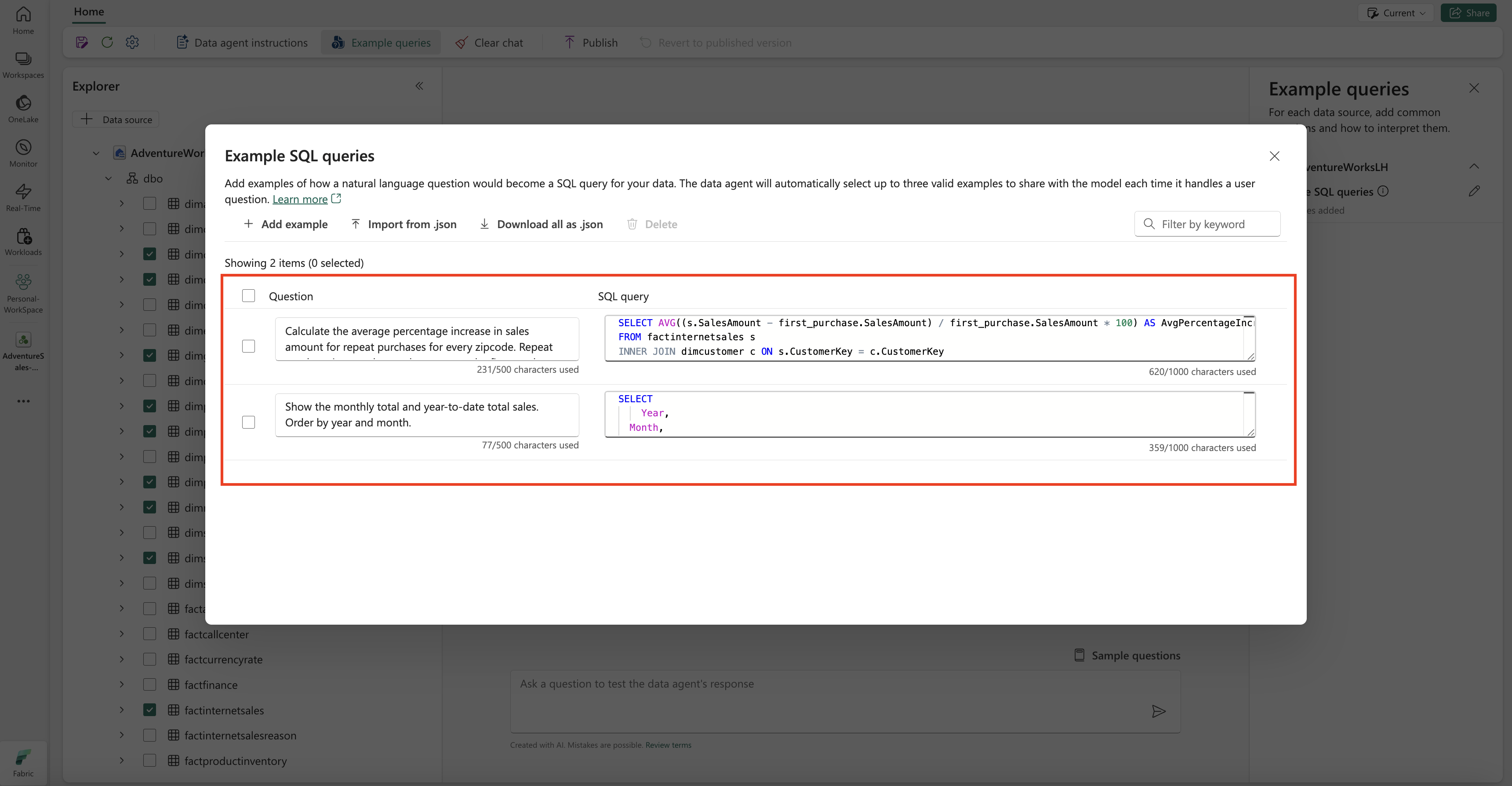 Screenshot showing adding SQL examples.