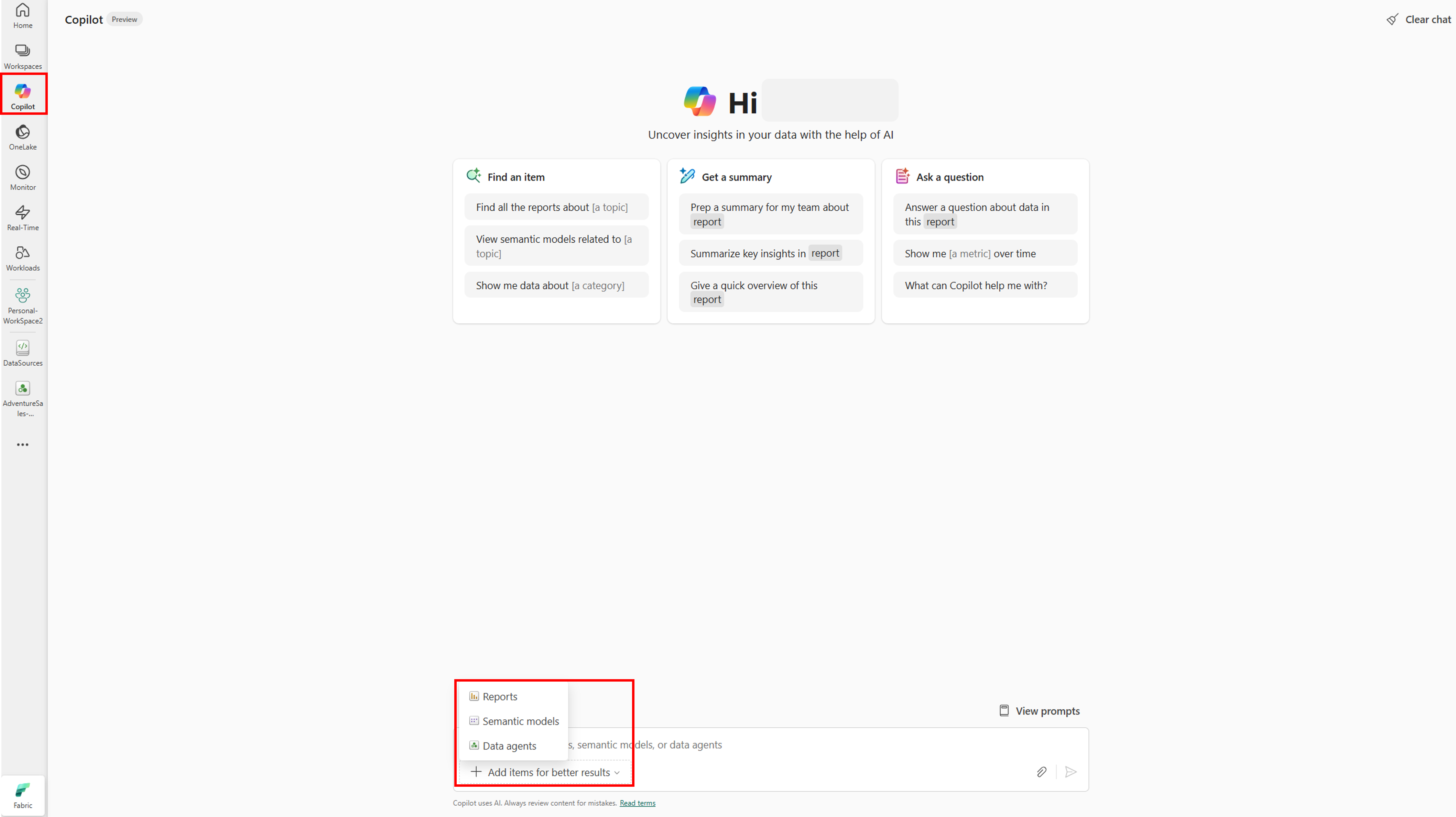 Screenshot showing the Copilot button and button to add items such as Data Agents.