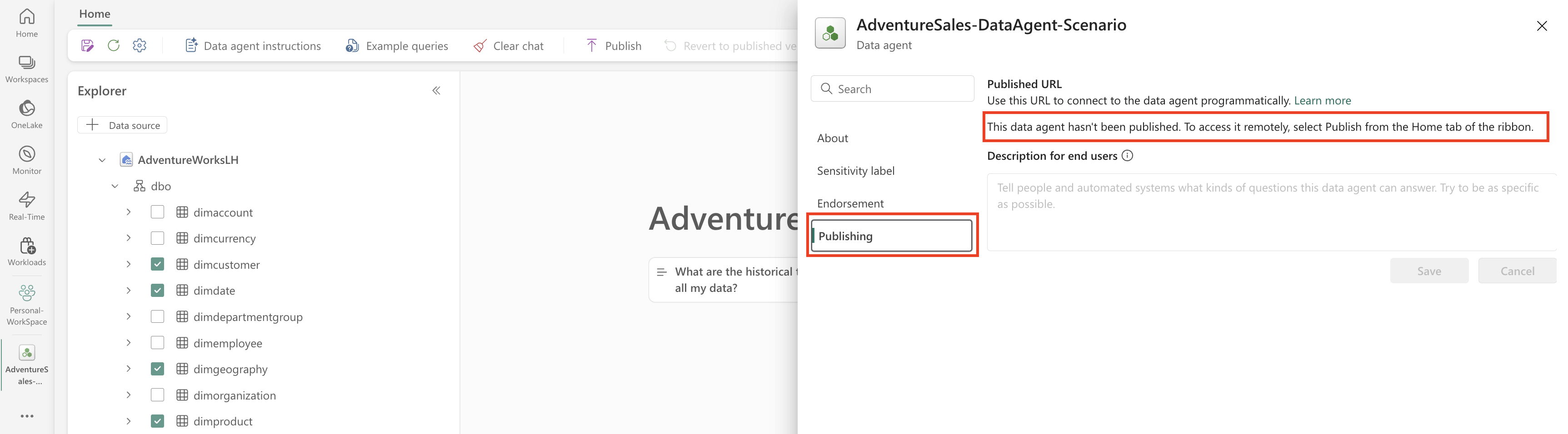 Screenshot showing that a Fabric data agent doesn't have a published URL value before publication.