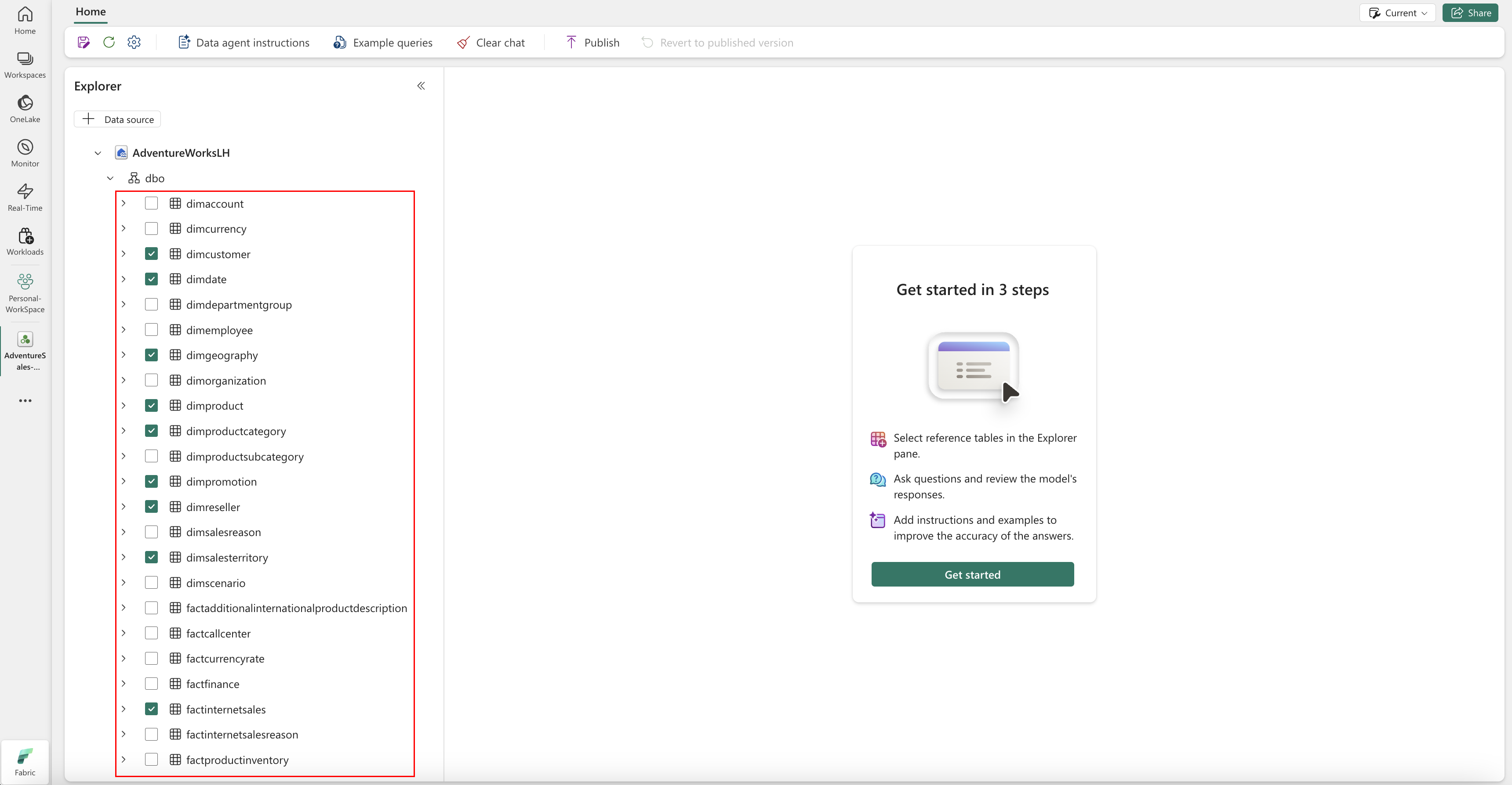 Screenshot showing where you can select tables for AI.