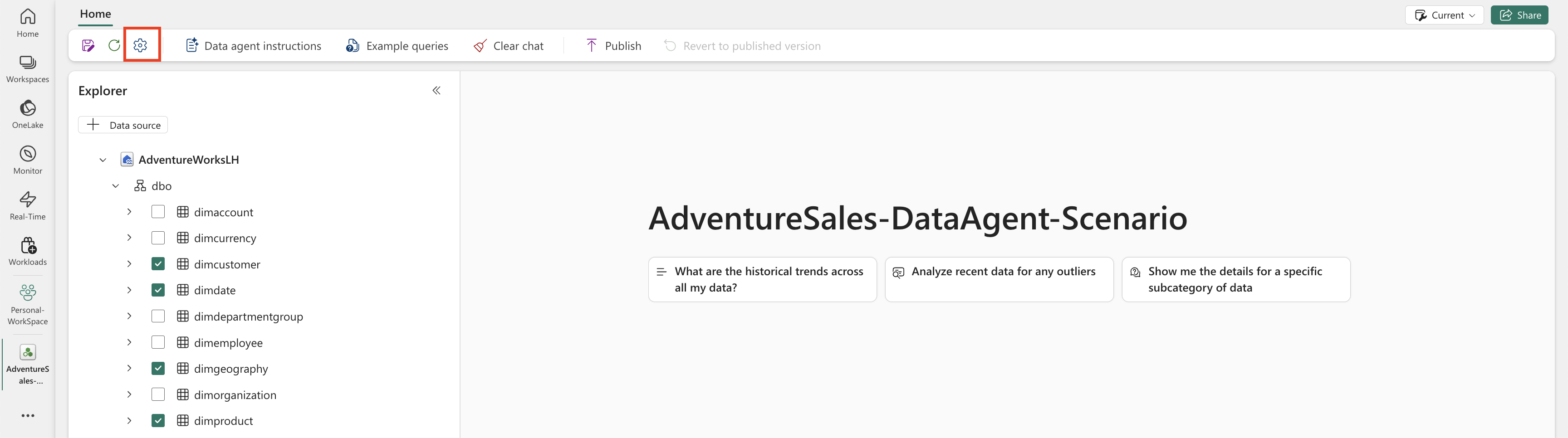 Screenshot showing selection of Fabric data agent settings.