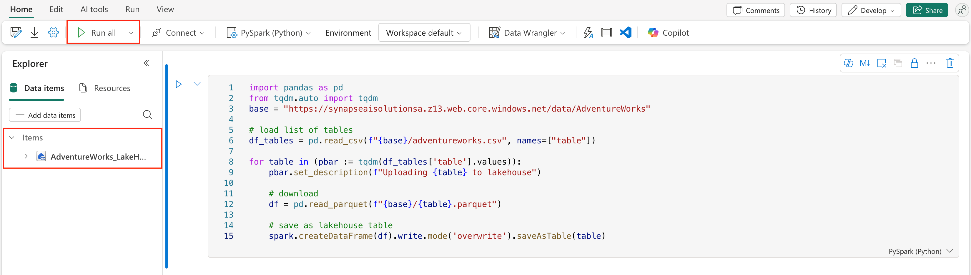 Screenshot showing a notebook with the AdventureWorks upload code.